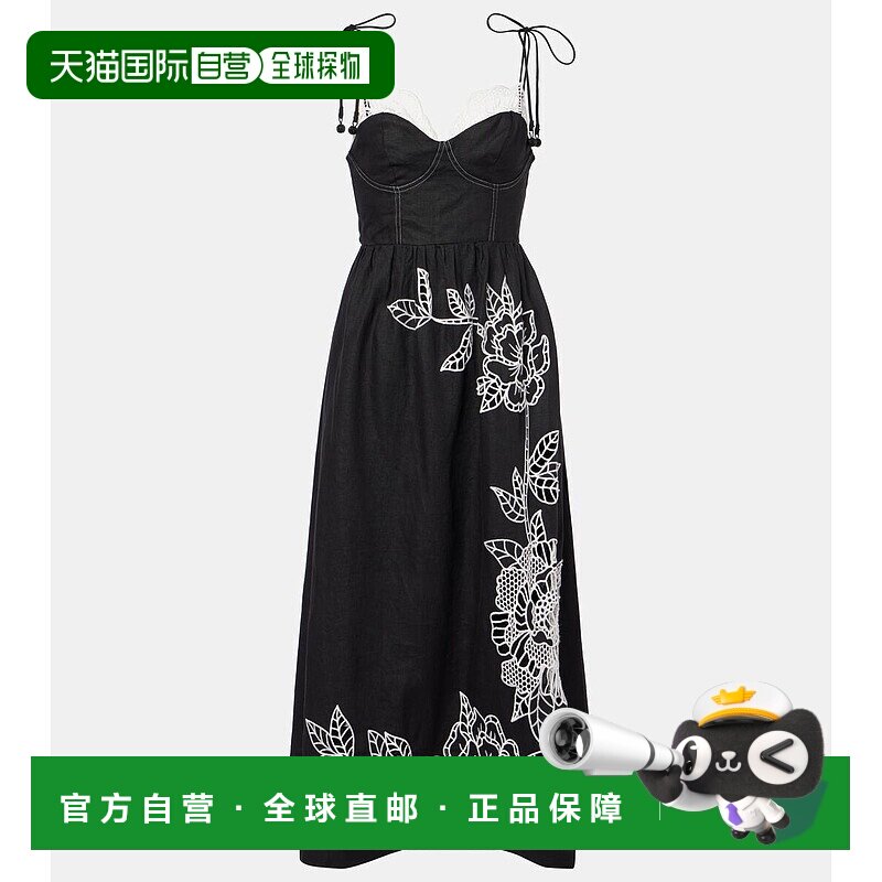 香港直邮FARM RIO 女士 亚麻蕾丝中长连衣裙 black黑色 舒适时尚