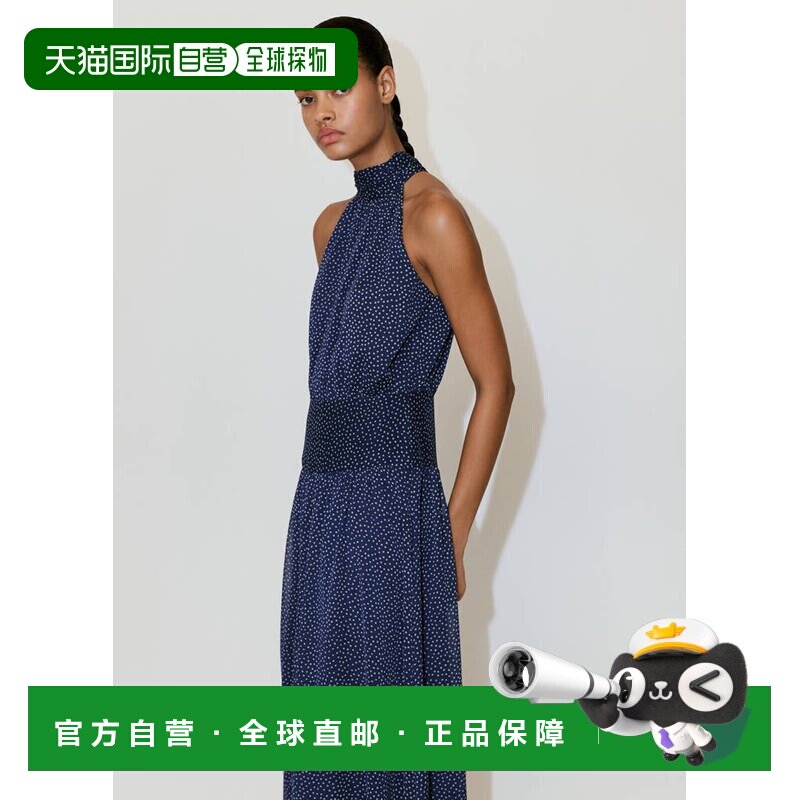 自营欧洲直邮MANGO 女士蓝色聚酯纤维波点露背挂脖长款连衣裙图片