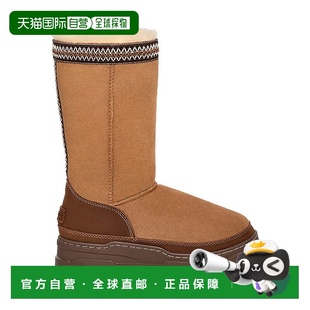 自营欧洲直邮UGG24新款 面皮革挡泥板压花徽标高 女士褐色麂皮绒鞋
