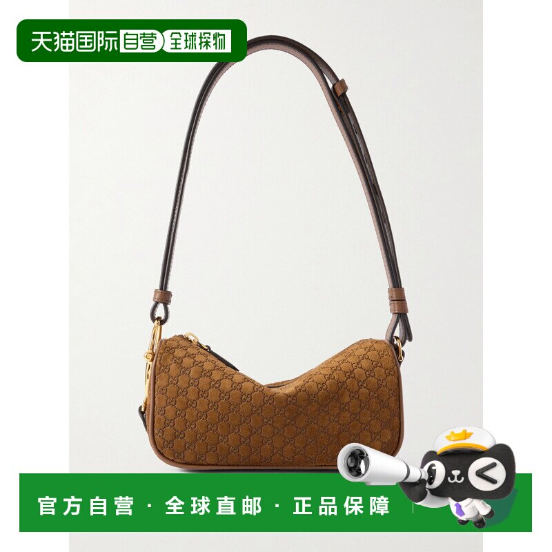 1h可退 香港直邮Gucci 古驰 女士 Logo压纹皮革饰边绒面革肩包 86