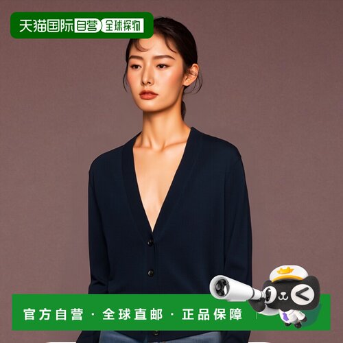 自营欧洲直邮BURBERRY/博柏利 女士海军蓝羊毛V领平纹针织开衫