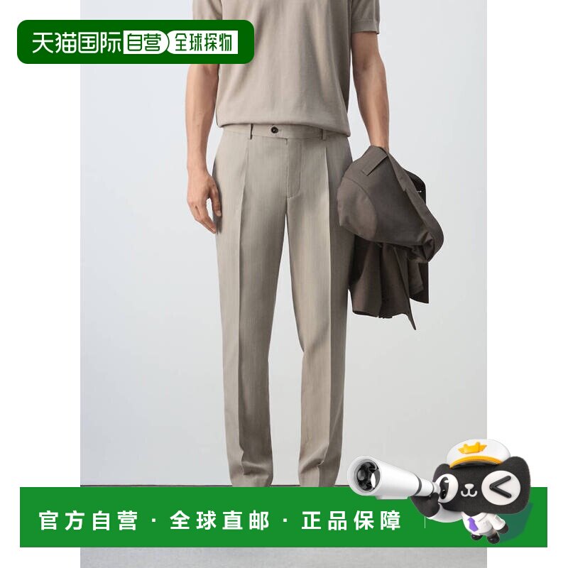 自营欧洲直邮MANGO 男士中棕色莱赛尔亚麻混纺修身版型长裤裤子
