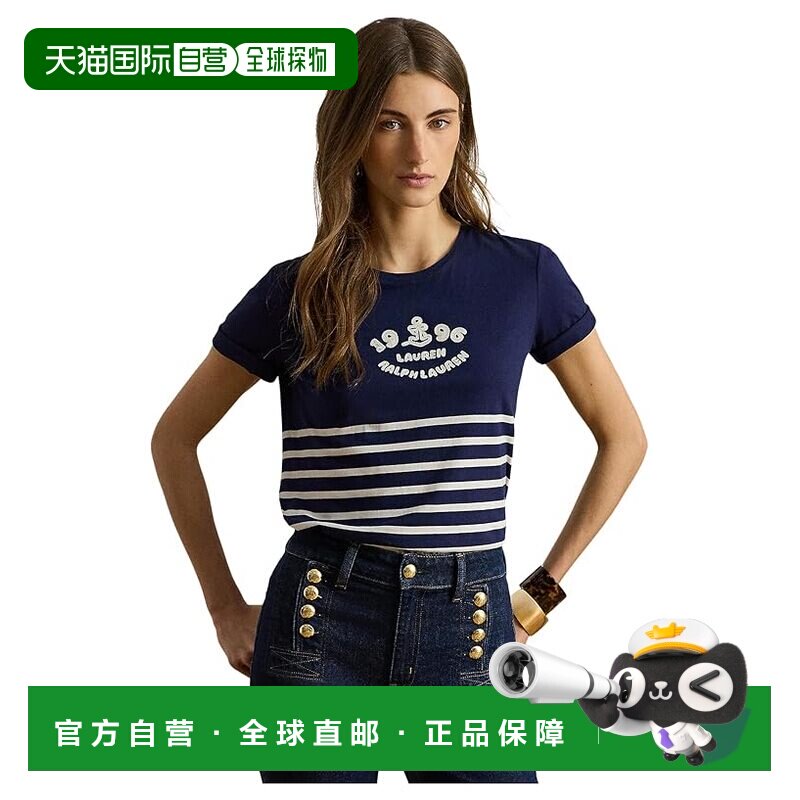 美国直邮Lauren Ralph Lauren 女士 条纹Logo刺绣针织T恤女装