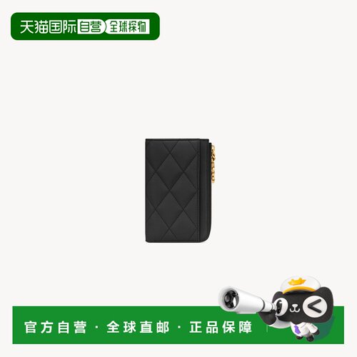 自营欧洲直邮YSL圣罗兰 CASSANDRE女士黑色羊羔皮珠宝拉链卡包