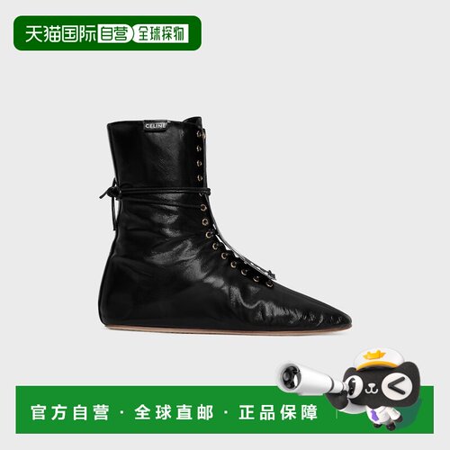 自营欧洲直邮CELINE思琳 BALLET HIGH女士羊羔皮系带黑色短靴女鞋