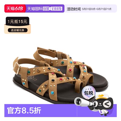 欧洲直邮PORRONET西班牙手工真皮彩钻绑带平底凉鞋HAZEL骆驼色女