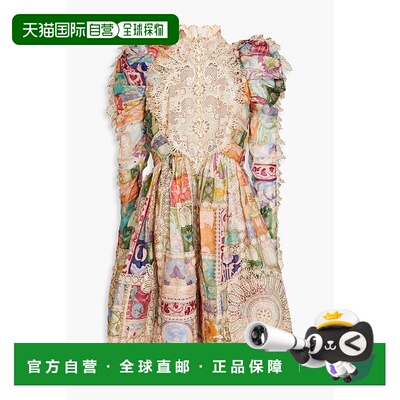 1h可退 香港直邮ZIMMERMANN 女士 蕾丝拼接印花亚麻真丝混纺迷你