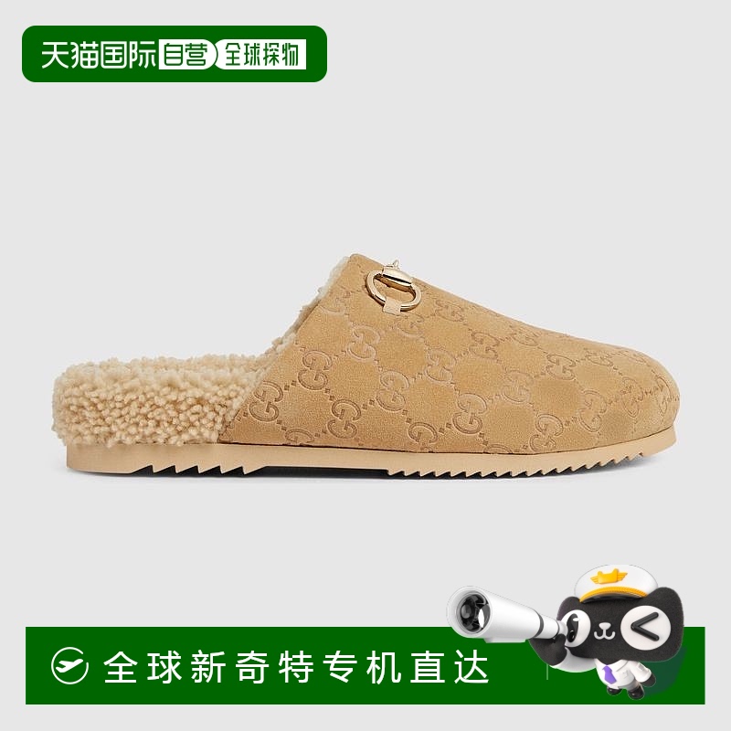 欧洲直邮Gucci古驰女士米色 GG 绒面革女式马衔扣细节穆勒鞋