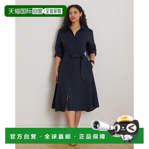 自营欧洲直邮Ralph Lauren拉夫劳伦 女士藏青色亚麻腰带衬衫连衣