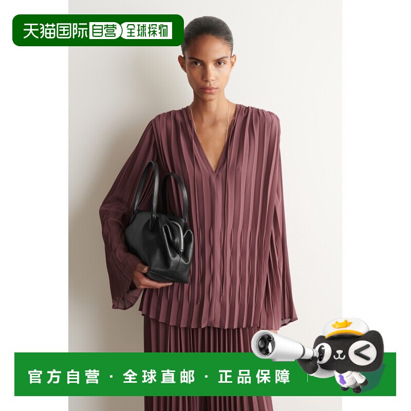 自营欧洲直邮COS 女士梅子棕聚酯纤维乔其纱褶皱系带V领衬衫女装图片