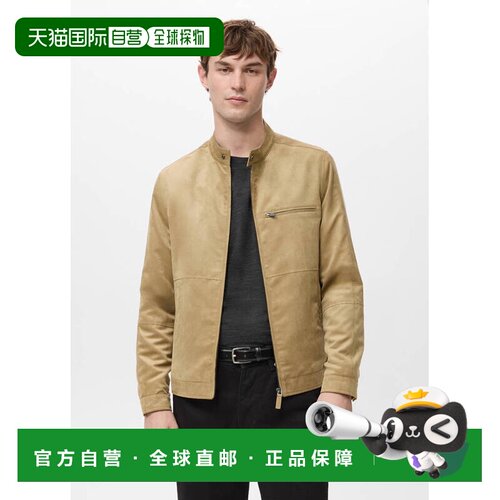 自营欧洲直邮MANGO 男士米色聚酯纤维仿皮革机车夹克