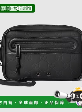 自营欧洲直邮Gucci/古驰 Edge系列男士黑色哑光橡胶双G拉链开合小