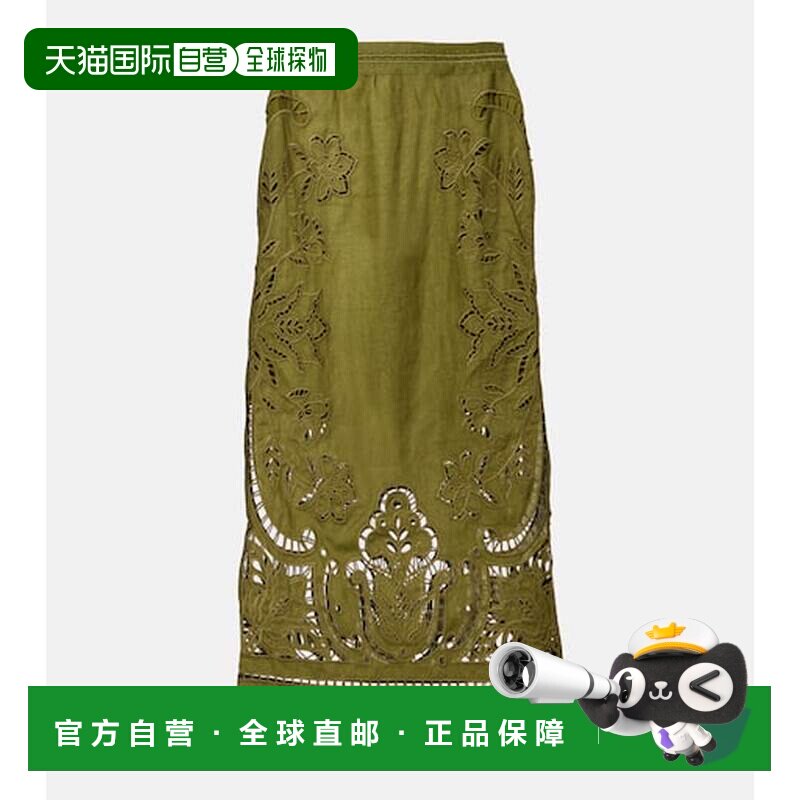 1h可退 香港直邮FARM RIO 女士 花朵蕾丝边亚麻中长半身裙长裙