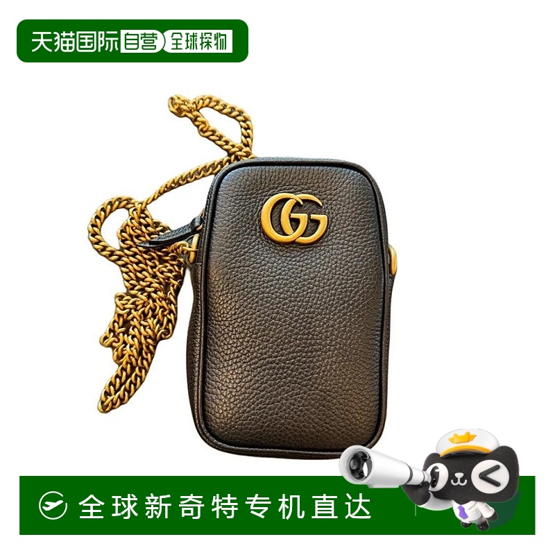 欧洲直邮Gucci/古驰 女士黑色皮革双G品牌徽标链式肩带手机包斜挎