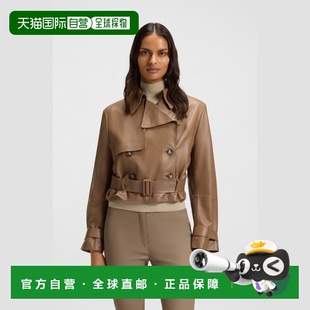 自营欧洲直邮Hugo Boss 女士棕色羔羊皮腰部系带翻领夹克