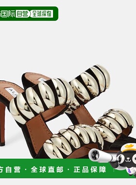 1h可退 香港直邮Alaia 女士 Tribale 精饰绒面革凉拖 black黑色