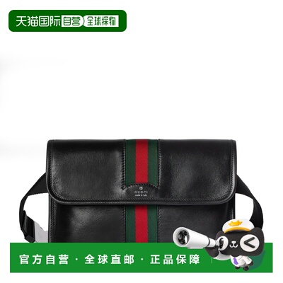 自营欧洲直邮GUCCI古驰 Web Trademark黑色皮革小号腰包单肩包
