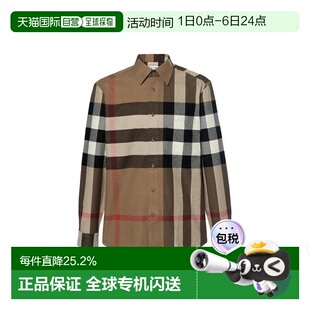 自营Burberry 男士 棕色拼色棉质格纹印花单排扣衬衫 男女 博柏丽