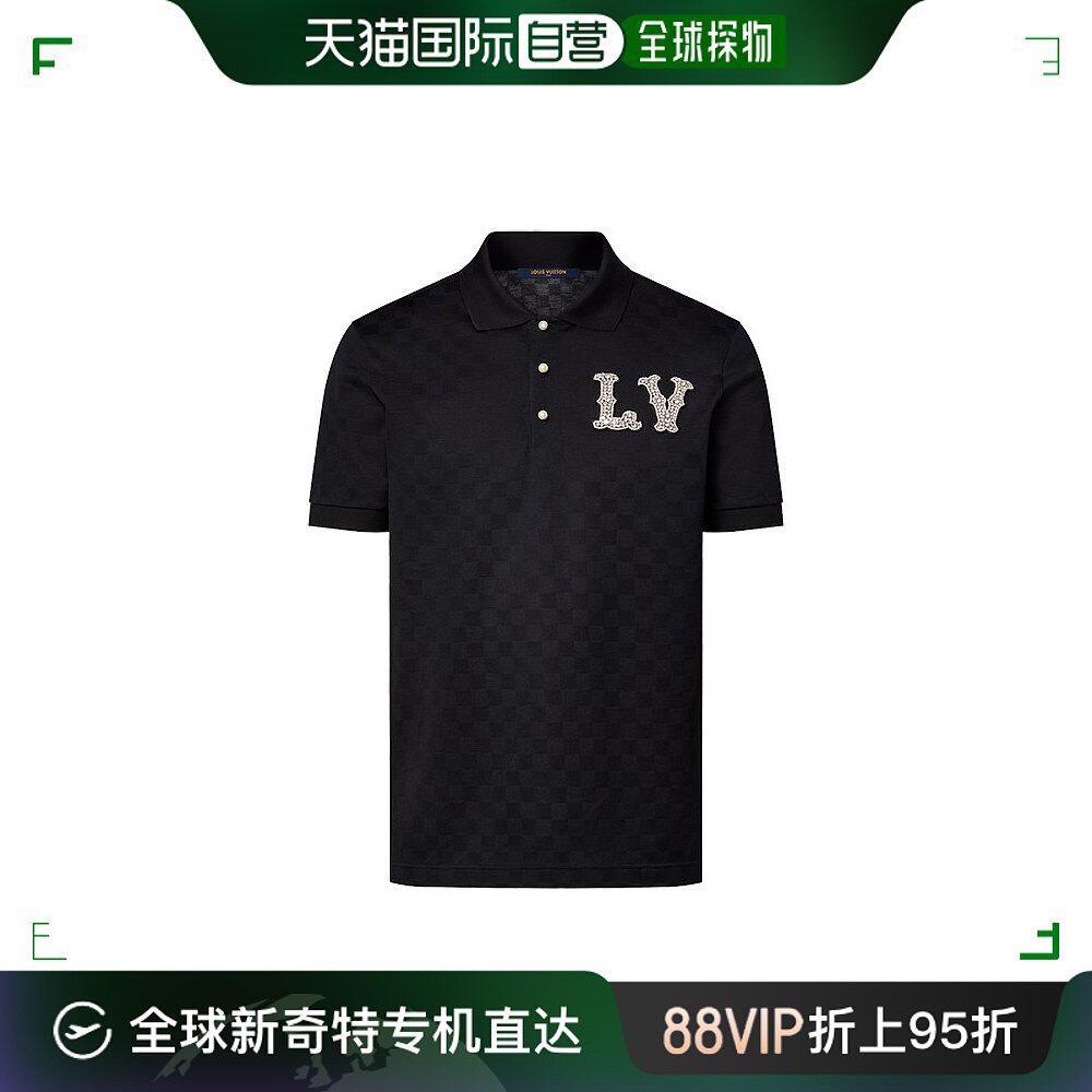 欧洲直邮lv/路易威登24新款 男士黑色纯棉水晶刺绣徽标半开领polo