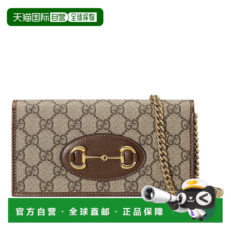 自营GUCCI/古驰 1955系列 棕色皮革老花帆布经链条钱包单肩包