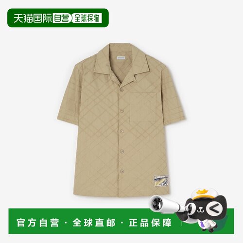 自营欧洲直邮Burberry博柏利 男士米色棉质格纹刺绣短袖衬衫