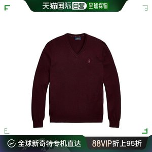 RALPHLAUREN/拉夫劳伦男士酒红色罗纹长袖羊毛V领毛衣