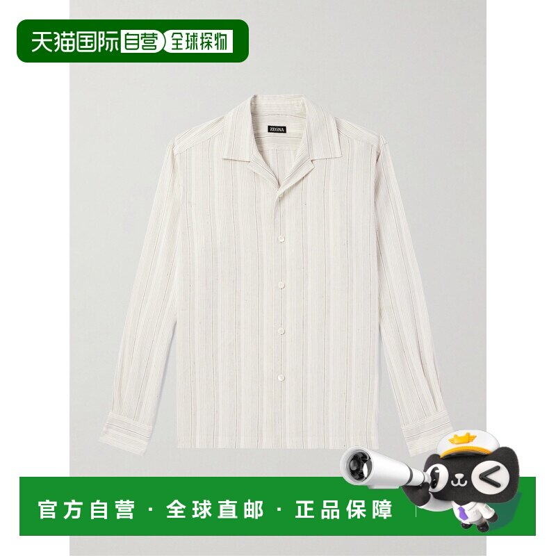 1h可退 香港直邮zegna 杰尼亚 男士 Camp-Collar 条纹亚麻真丝混