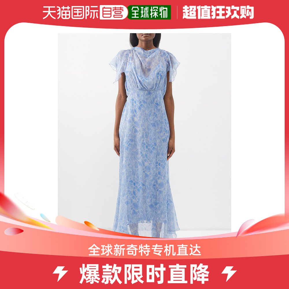 香港直邮Petar Petrov 女士Aleia 褶边袖印花真丝雪纺连衣裙