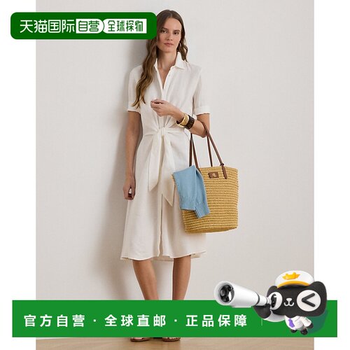 自营欧洲直邮Ralph Lauren拉夫劳伦 女士白色亚麻系带衬衫连衣裙