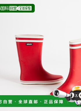 自营欧洲直邮AIGLE/艾高24新款 女士红色天然橡胶涤纶白条纹中筒