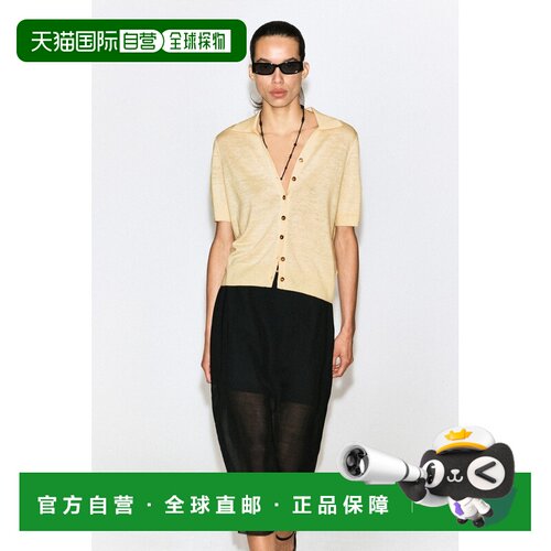 自营欧洲直邮COS 女士黄色美利奴羊毛亚麻混纺短袖针织衬衫