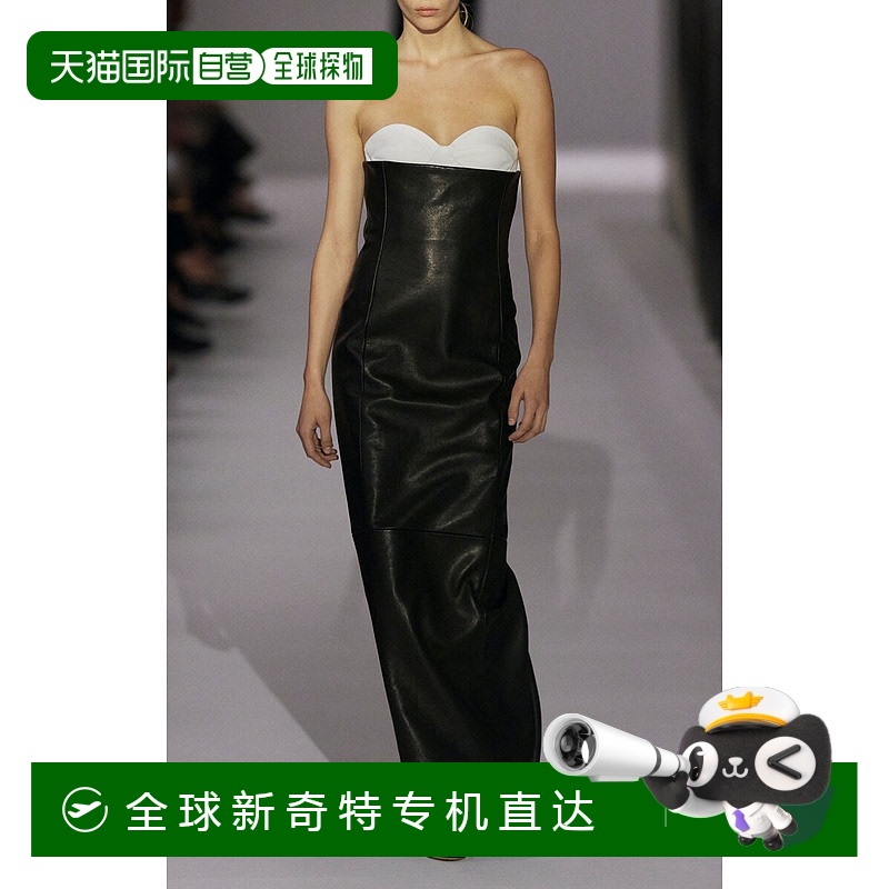 1h可退 香港直郵KHAITE 女士 Yael 抹胸皮革中長連衣裙 black黑色