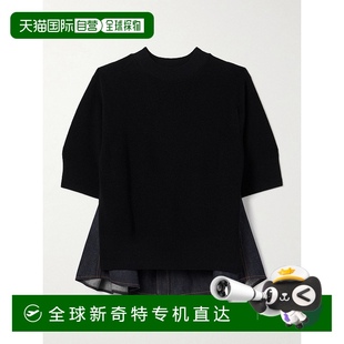 2507969BLACKx 1h可退 香港直邮Sacai 女士 拼接罗纹针织牛仔上衣
