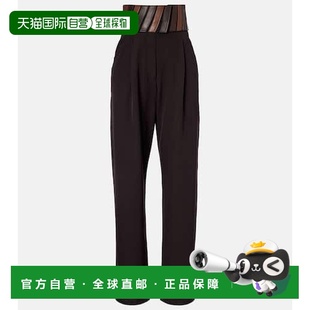 舒适时尚 香港直邮alaia black黑色 皮革边羊毛直筒长裤 女士