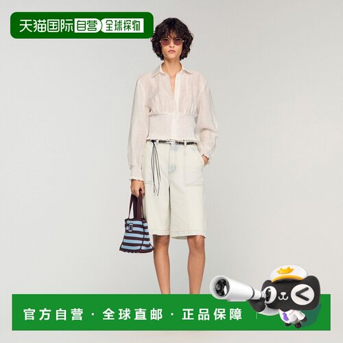 自营欧洲直邮Sandro桑德罗 女士白色亚麻泡泡袖褶皱短款长袖衬衫