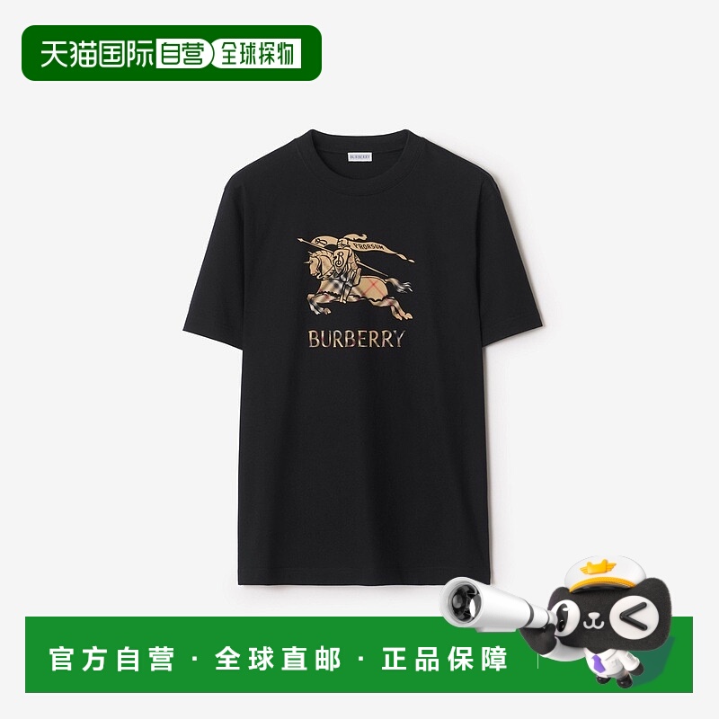 自营欧洲直邮Burberry博柏利 EKD系列男士黑色棉短袖马术骑士徽标