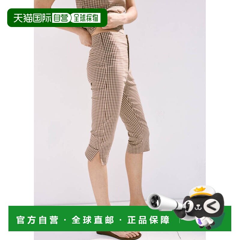 自营欧洲直邮MANGO 女士棕色棉质弹力格纹七分裤卡普里裤女装裤子图片