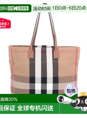 Burberry博柏利棕色帆布配牛皮饰边手提包 新款托特包帆布包