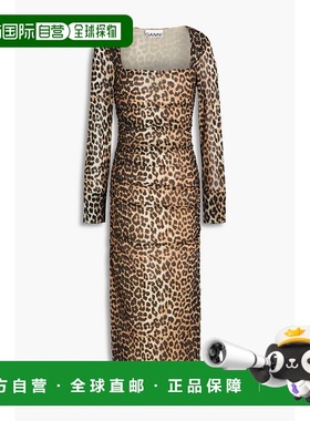 1h可退 香港直邮GANNI 甘尼 女士 褶皱豹纹网纱中长连衣裙 T27189