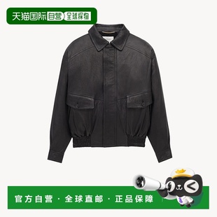 自营欧洲直邮YSL圣罗兰 女士黑色羔羊皮拉链闭合飞行员夹克防风