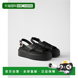 自营欧洲直邮Prada普拉达 女士黑色小牛皮压印徽标凉鞋