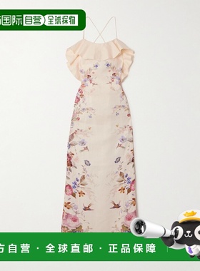 1h可退 香港直邮ZIMMERMANN 女士 Patience 荷叶边印花亚麻中长连