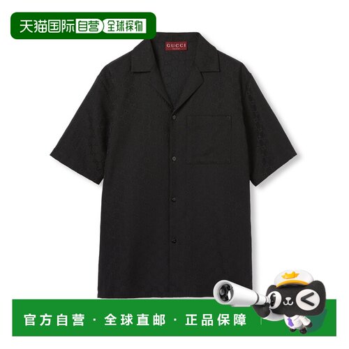 自营欧洲直邮Gucci/古驰 男士黑色帆布亚麻混纺双G短袖衬衫男装