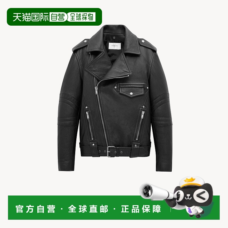 自营欧洲直邮YSL圣罗兰 女士黑色羔羊皮拉链闭合皮衣夹克