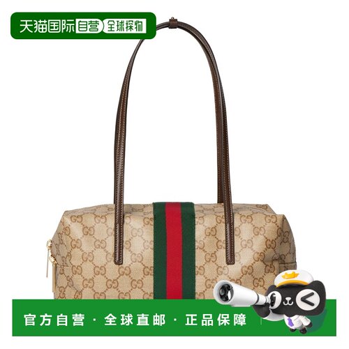自营欧洲直邮GUCCI古驰 GG帆布沙色/棕色Web织带中号Boston手提包