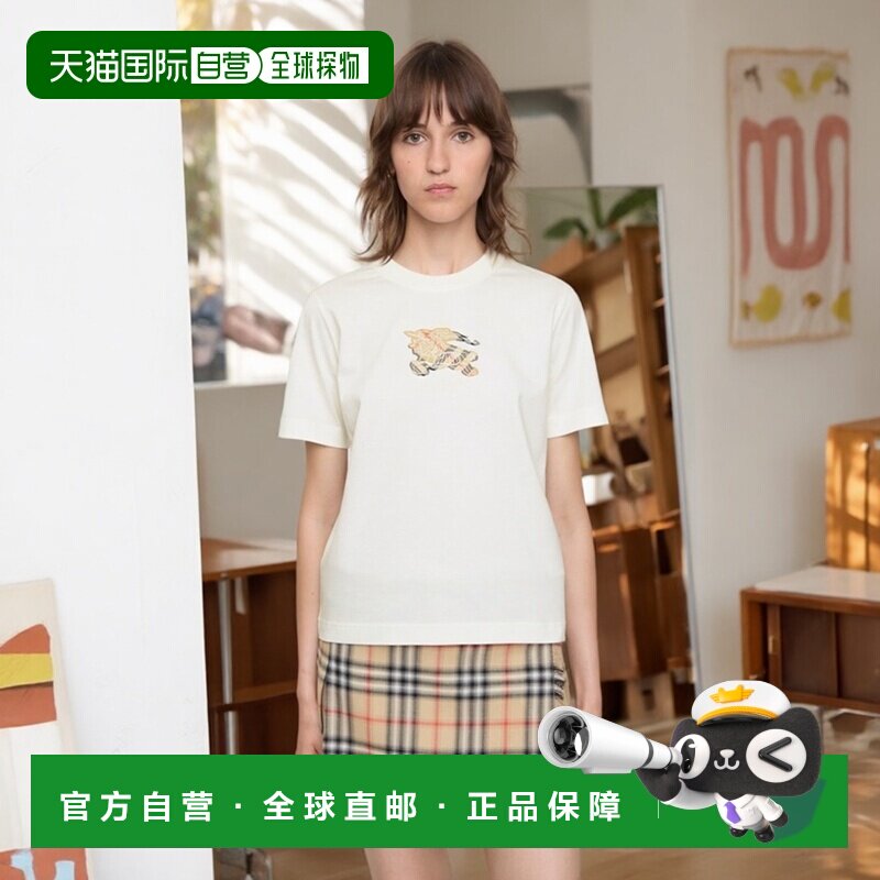自营欧洲直邮Burberry博柏利 EKD系列女士粉笔白棉短袖格纹T恤