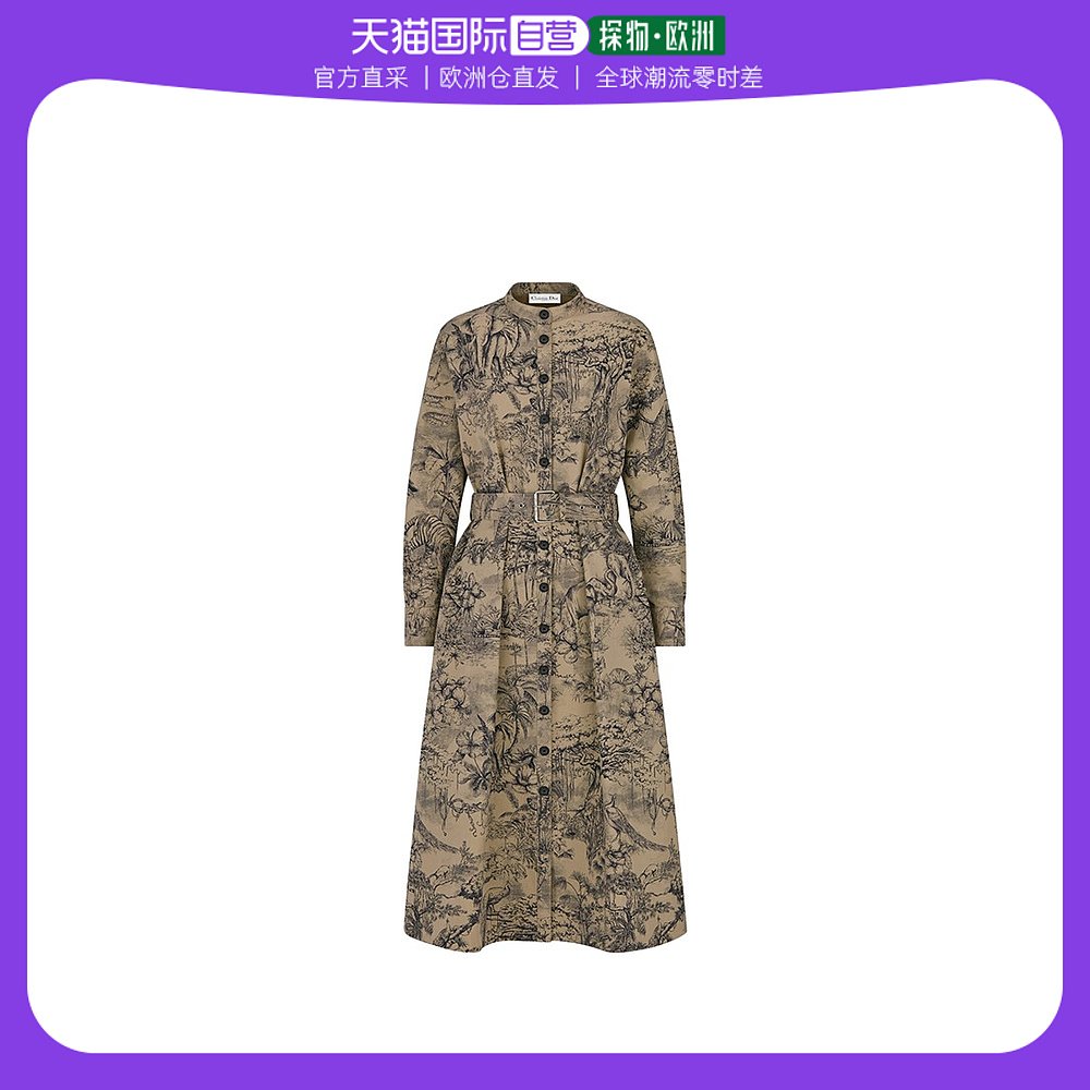 欧洲直邮DIOR/迪奥23新款 女米色印花棉质腰带和排扣衬衫长连衣裙