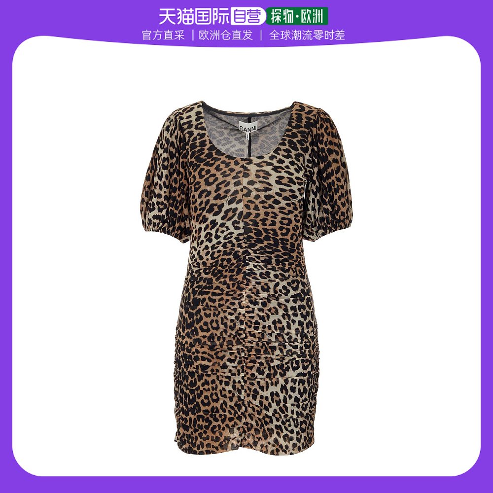 欧洲直邮Ganni甘尼女士连衣裙夏季棕色豹纹质感百搭性感舒适
