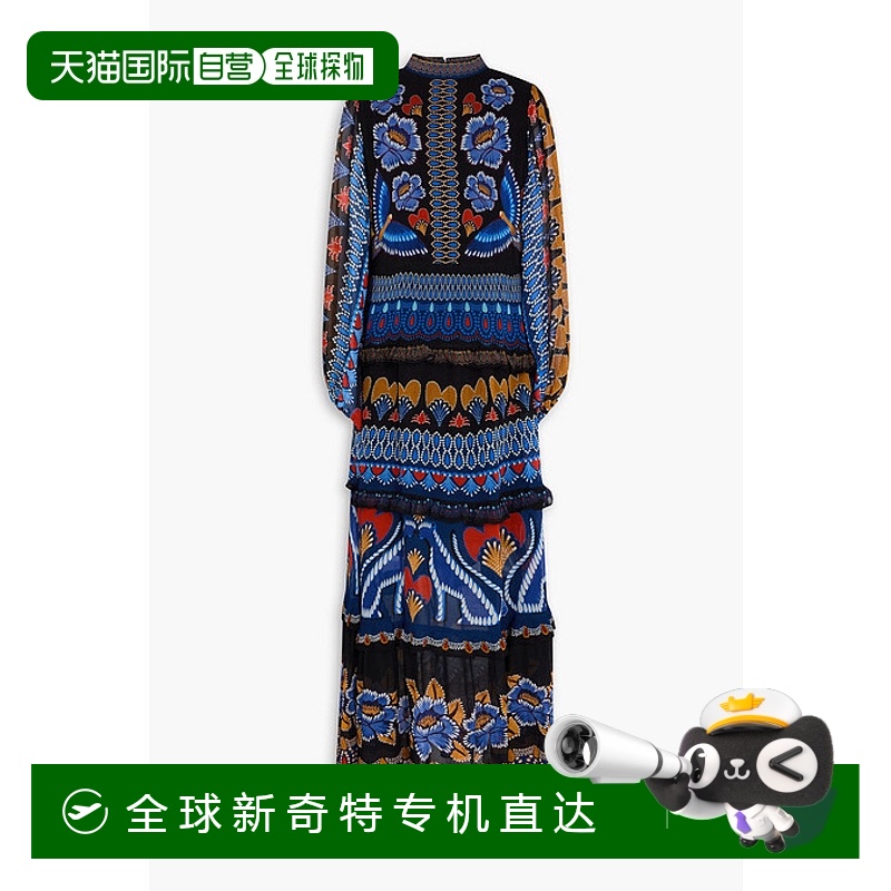 1h可退 香港直邮FARM RIO 女士 荷叶边印花乔其纱长款连衣裙 3123