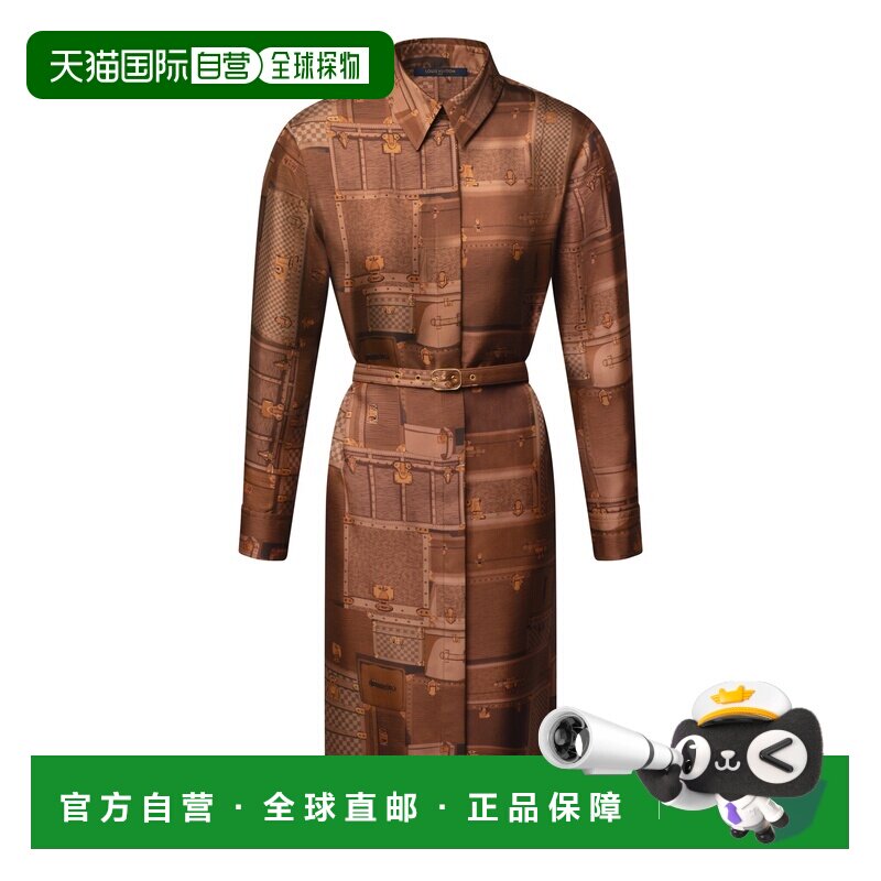 自营1h可退 欧洲直邮LV路易威登 女士棕色真丝行李箱印花长袖连衣